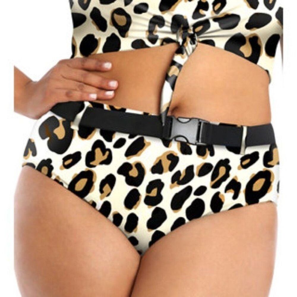 Lysa Animal Leopard Print Black Belted Mid Rise Kori Plus Size Swim Bottoms 2X
